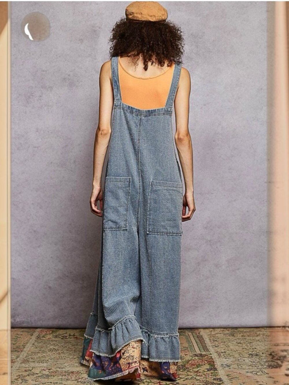 Pol Textured Denim Overalls 100%Cotton Wide-Leg Blue Size L Loose Fit Ruffle Hem - Picture 8 of 9